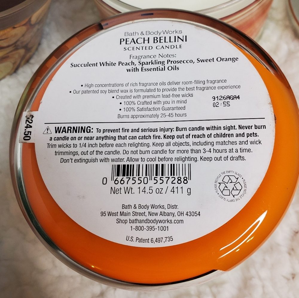 SOLD Bath & Body Works Peach Bellini 3 Wick Candle NWT - Picture 2 of 6